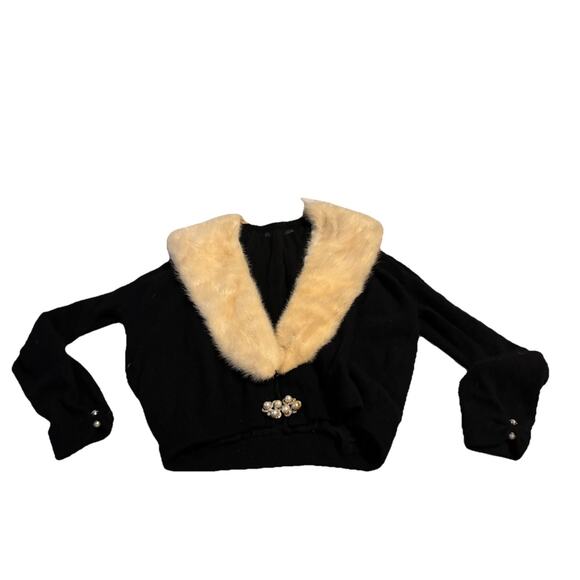 VTG 50s Retro Glam 100% Black Cashmere Sweater With Removable Mink Collar - Picture 2 of 12